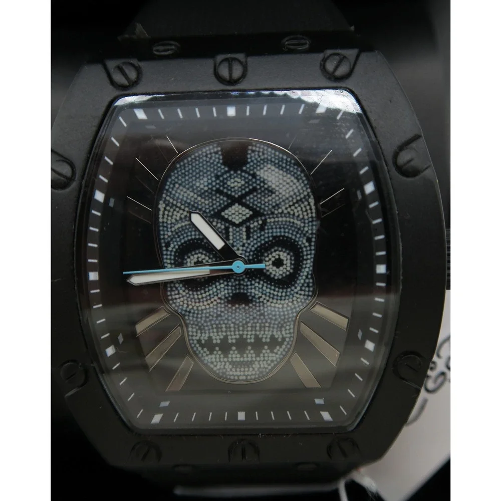 Ed Hardy Mens Black Skull Crystal Dial Tonneau Silicone Strap Watch New in Box